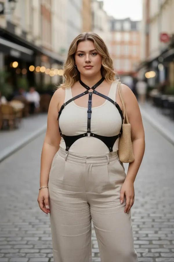 büyük beden siyah vegan deri korse harness X-bant ve gümüş O-ring tokalı vücut aksesuarı
