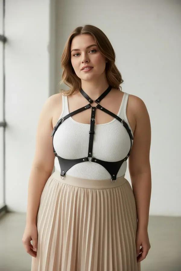 black faux leather chest harness with silver O-ring and X-cross adjustable straps worn over cream tank top