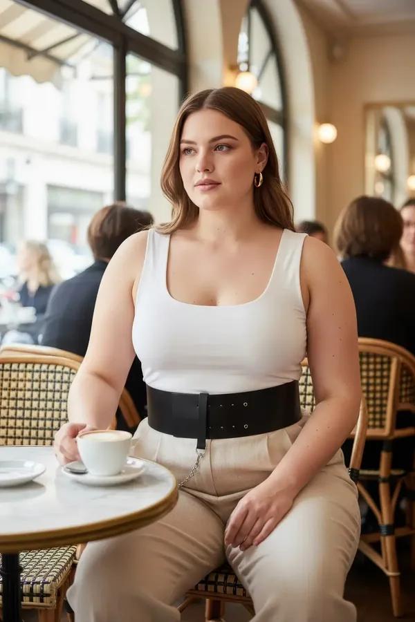 black wide faux leather waist belt with double eyelet rows and silver chain accent worn over white tank top