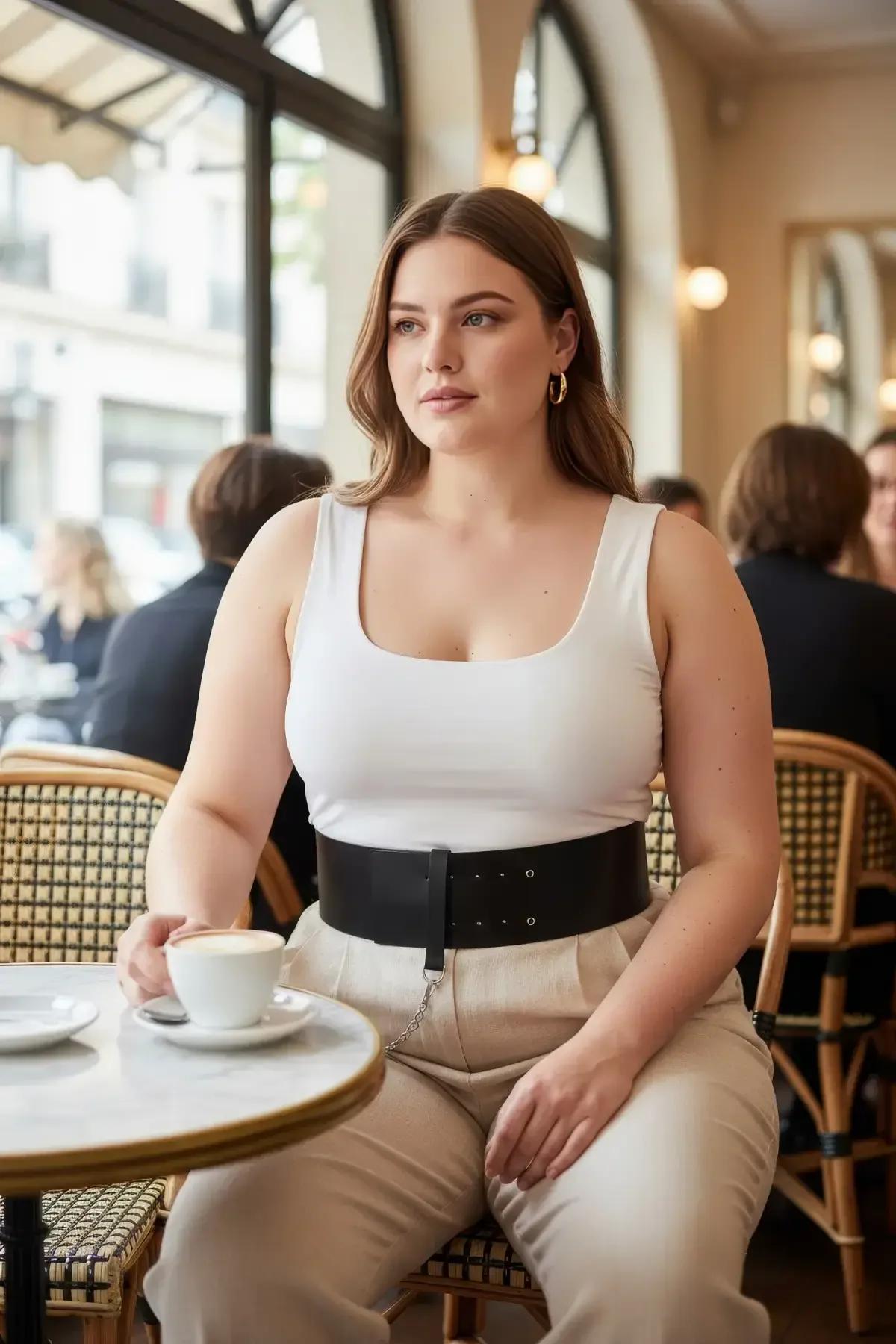black wide faux leather waist belt with double eyelet rows and silver chain accent worn over white tank top