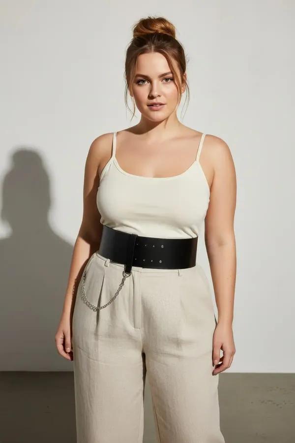 black wide faux leather waist belt with double eyelet rows and silver chain accent worn over white tank top