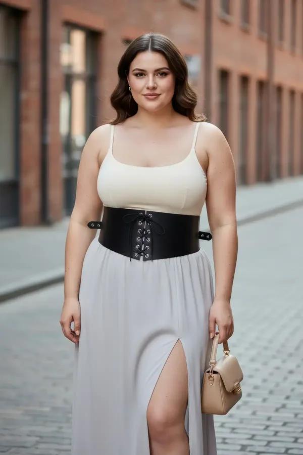 black faux leather wide underbust waist cincher with silver lace-up front eyelets and side buckle straps worn over cream cami