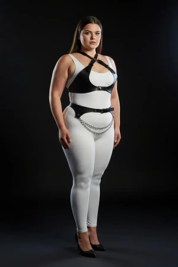 black faux leather harness set with cross-strap chest piece and layered silver waist chain belt worn by plus-size model