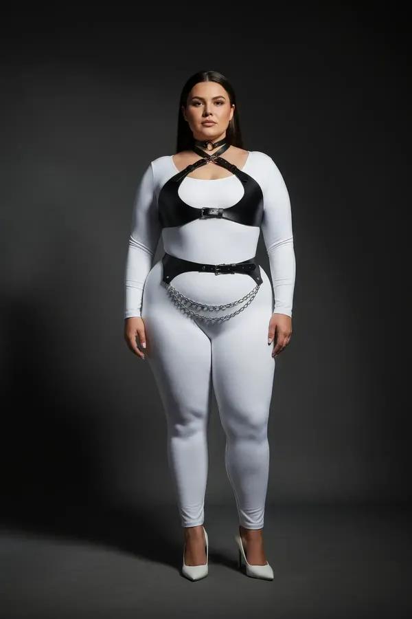 black faux leather harness set with cross-strap chest piece and layered silver waist chain belt worn by plus-size model