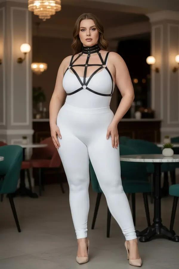 black faux leather strappy chest harness with choker neck and silver O-ring hardware worn over white bodysuit
