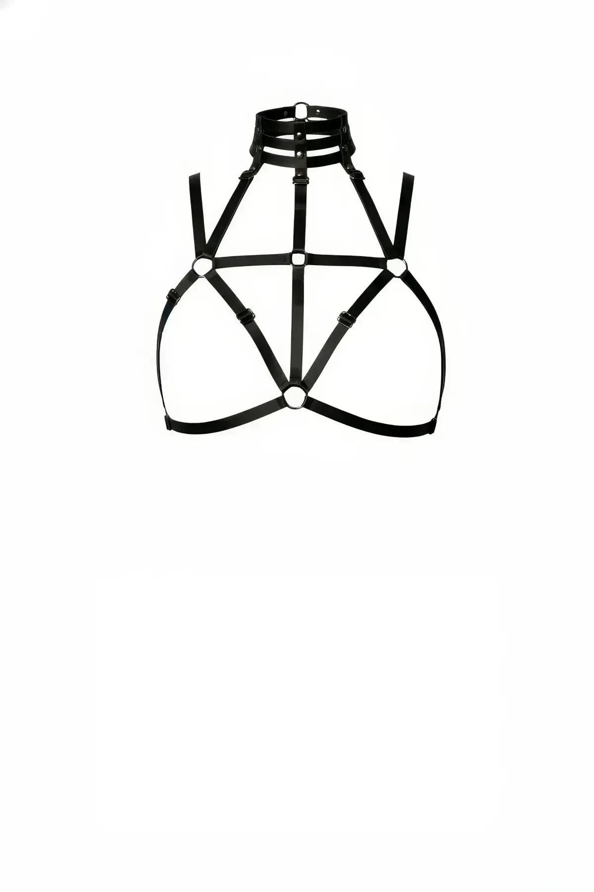 siyah elastik göğüs harness çift bantlı yüksek yaka gümüş O halka geometrik bant yapısı