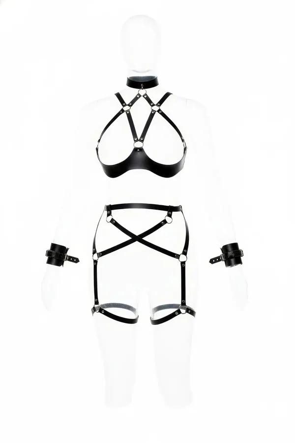 siyah vegan deri harness takım boyunluk göğüs bel harnessi jartiyer bileklik gümüş O-ring