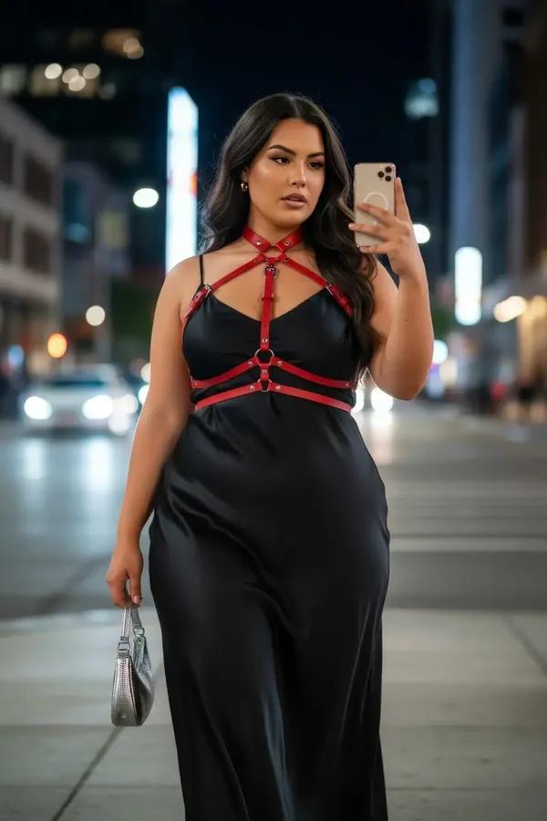 Red faux leather cage harness with silver O-ring centerpiece and collar band worn over a floral dress