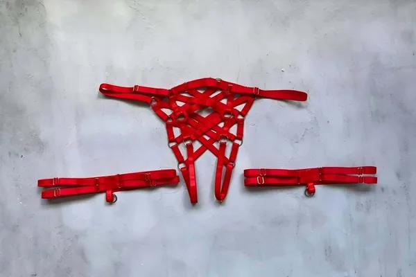 kırmızı elastik lastik bantlı ağ desenli fantazi külot ve iki ayrı bacak bandı harness takımı metal halka detay