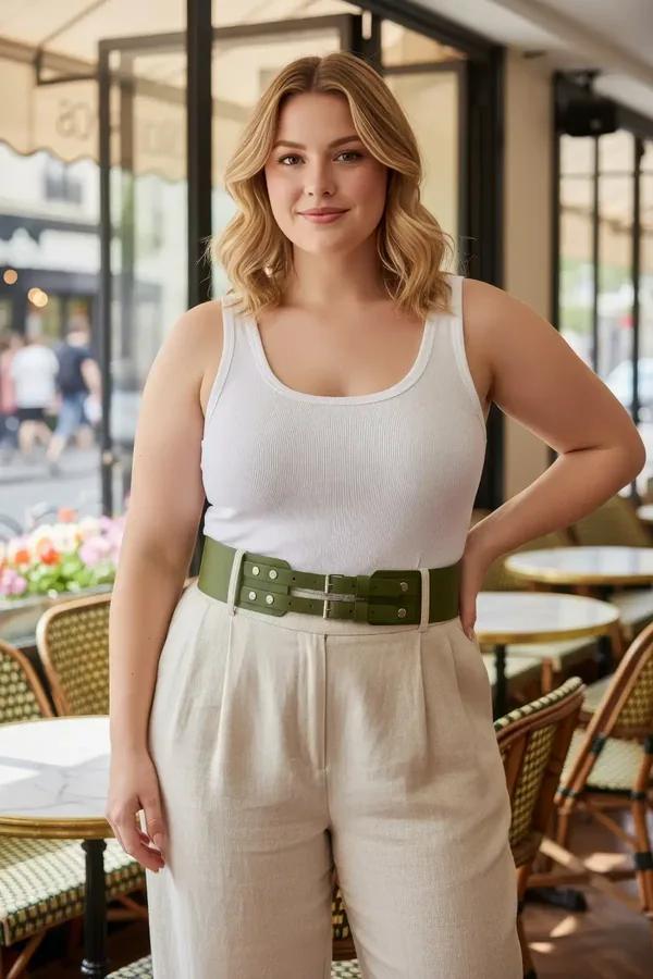 wide olive green faux leather waist belt harness with silver double buckle worn over white tank top