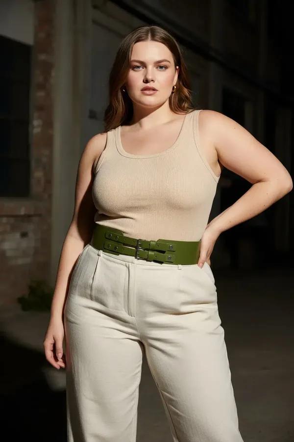 wide olive green faux leather waist belt harness with silver double buckle worn over white tank top