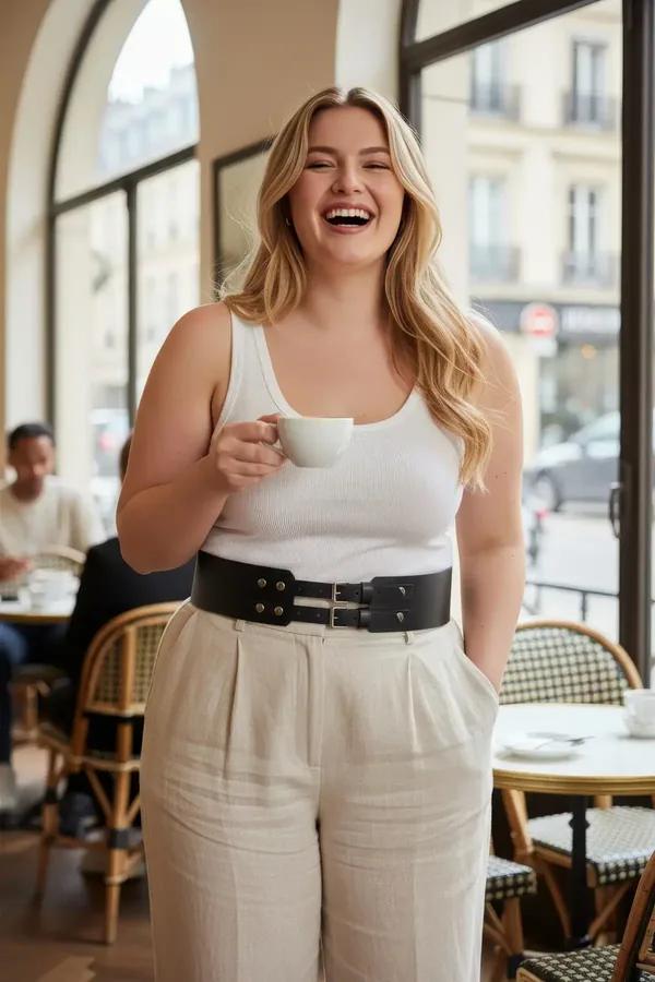 black faux leather waspie waist belt with double silver buckles and stud details worn over white tank top