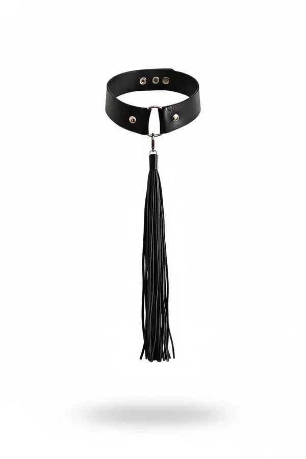 Siyah vegan deri choker geniş bant gümüş D-halka ve 22 cm siyah püsküllü gerdanlık