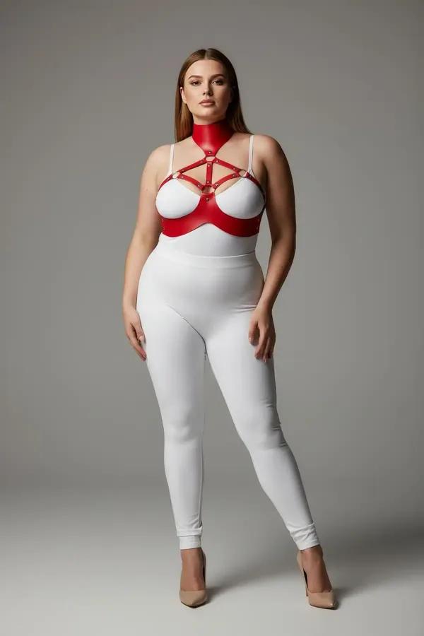 Red faux leather collar and chest harness set with gold-tone cage straps on plus-size model, white background