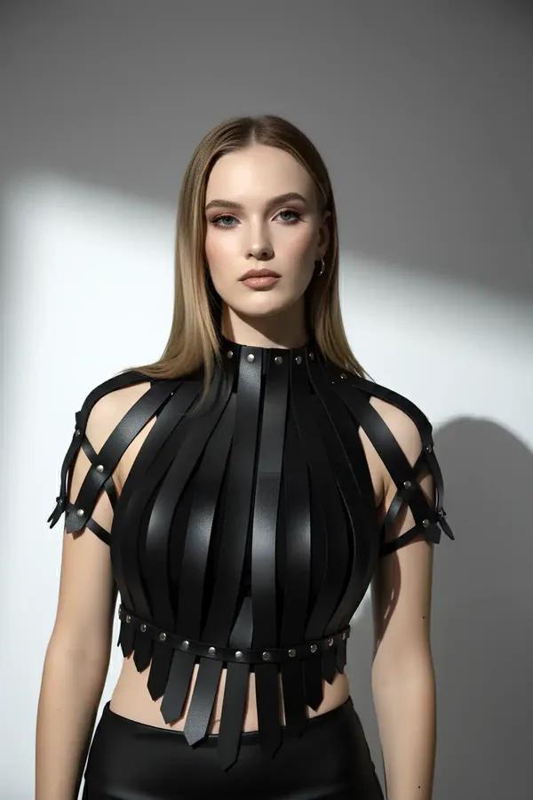 Siyah vegan deri crop büstiyer harness paralel dikey şerit ve gümüş perçin detayı, yüksek boyunluk