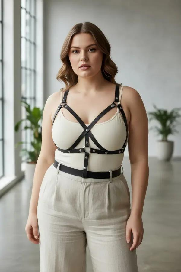 black faux leather x-strap chest harness with silver stud accents worn over white tank top, adjustable buckle closures