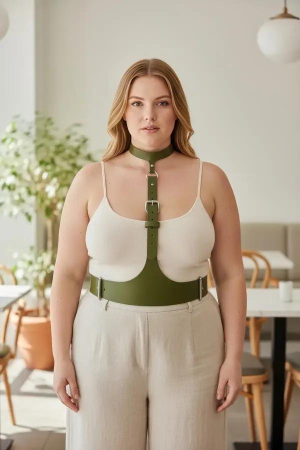 khaki faux leather underbust harness belt with matching choker and silver rectangular buckle worn over white tank top