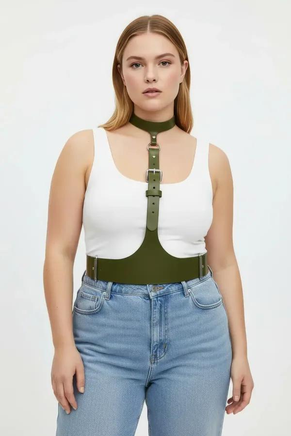 khaki faux leather underbust harness belt with matching choker and silver rectangular buckle worn over white tank top