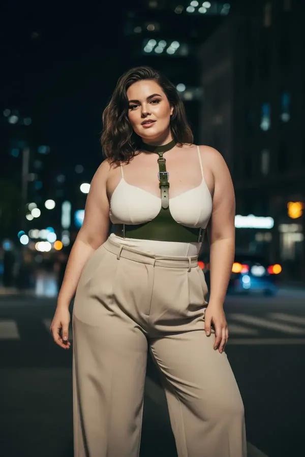 khaki faux leather underbust harness belt with matching choker and silver rectangular buckle worn over white tank top