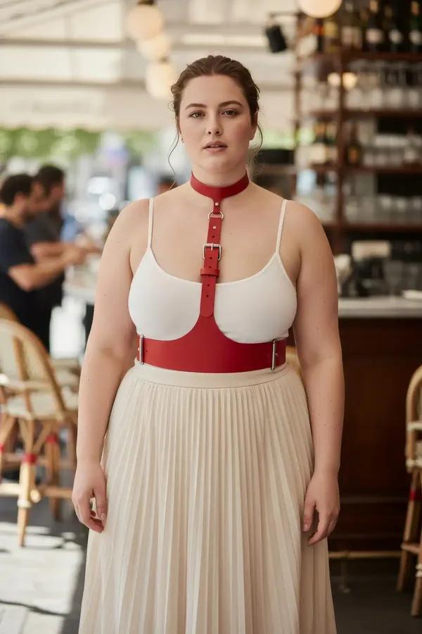 Red faux leather underbust harness and choker set with silver buckle hardware worn over white top