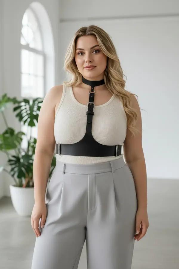 black faux leather choker underbust harness with silver buckles worn over white top