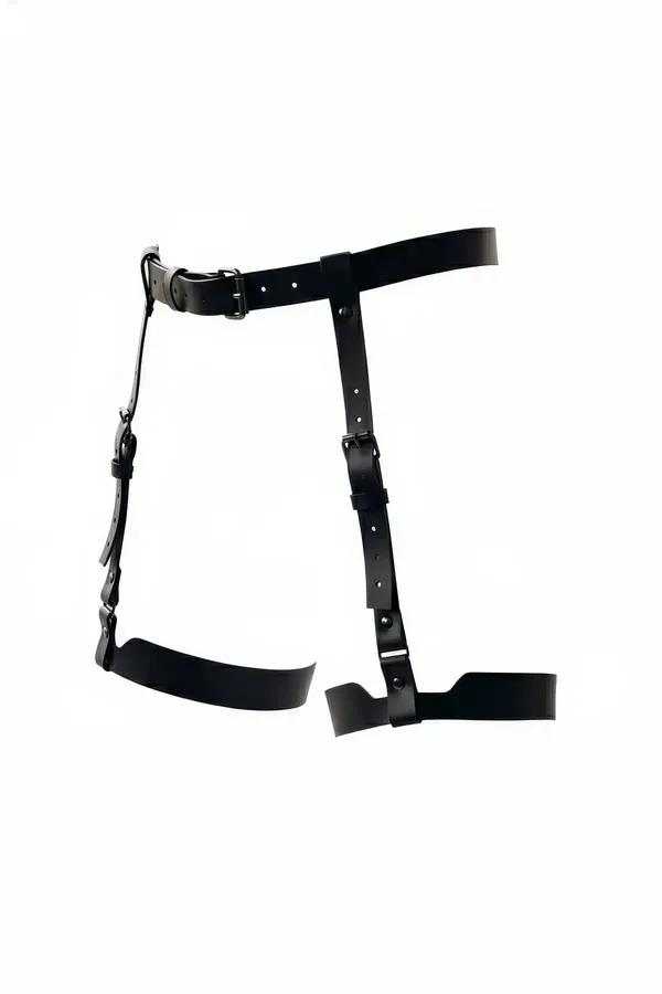 siyah vegan deri jartiyer harness ayarlanabilir bel ve uyluk bandı mat siyah metal toka