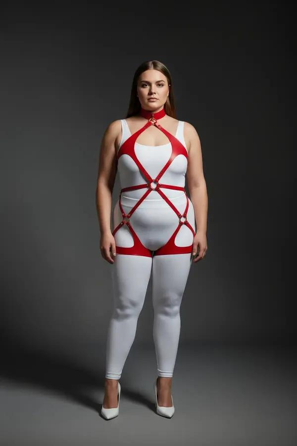 Red faux leather full body harness with gold O-ring details spanning neck to thigh on a plus-size model over white outfit