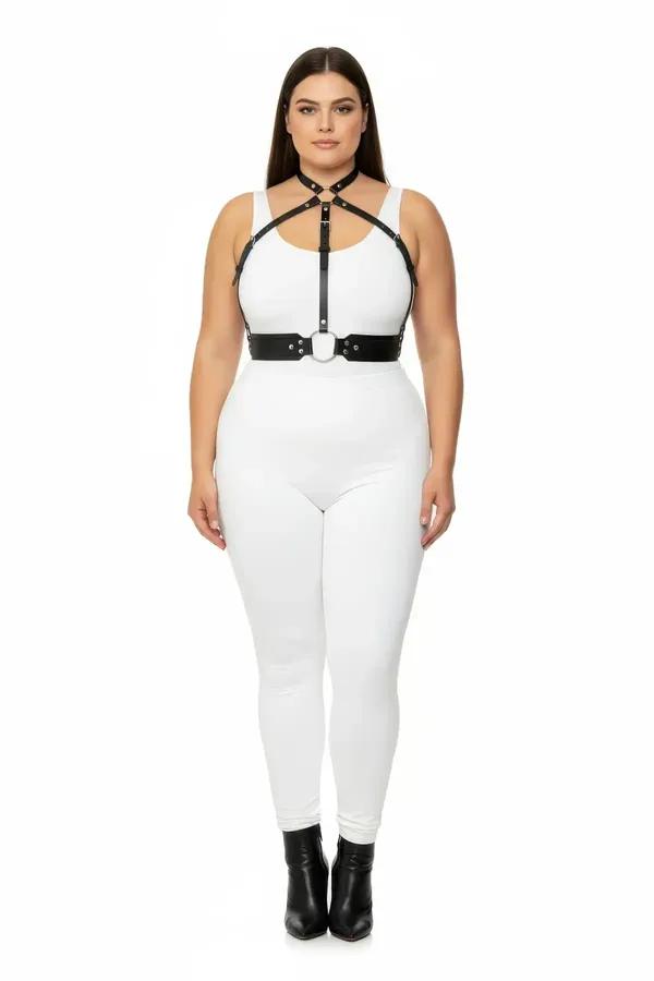 büyük beden siyah vegan deri harness takım choker ve O-ring bel bandı gümüş metal toka detayı