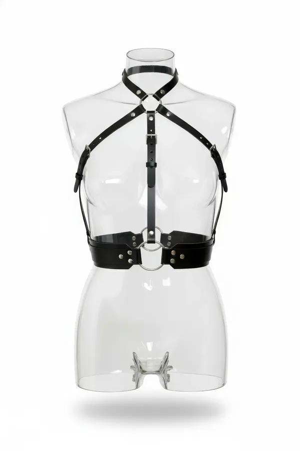 siyah vegan deri vücut harness aksesuarı gümüş O-halka ve boyun halkası X-bant göğüs kayışı