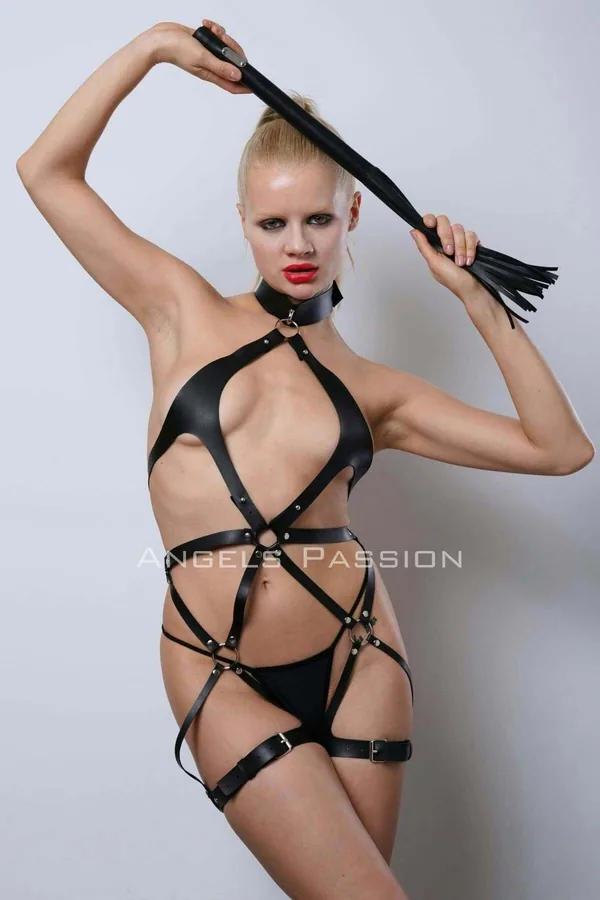 siyah vegan deri full body harness takım O-halkalı gümüş donanım boyunluk göğüs bel bacak bantları kırbaç aksesuar