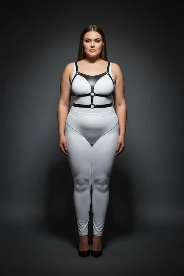 black faux leather strappy body harness with cage chest cutouts and silver O-ring hardware worn over white outfit
