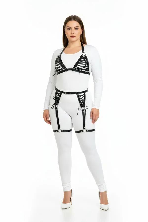 Black faux leather lace-up body harness set with criss-cross bralette cups and thigh garter straps with silver hardware