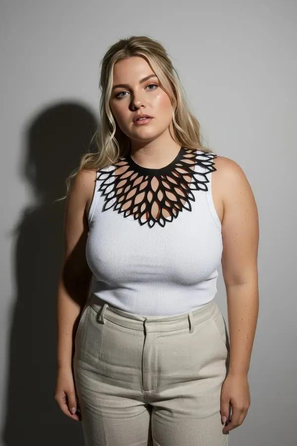 black faux leather laser cut floral choker harness with petal cutouts spanning the full collarbone width