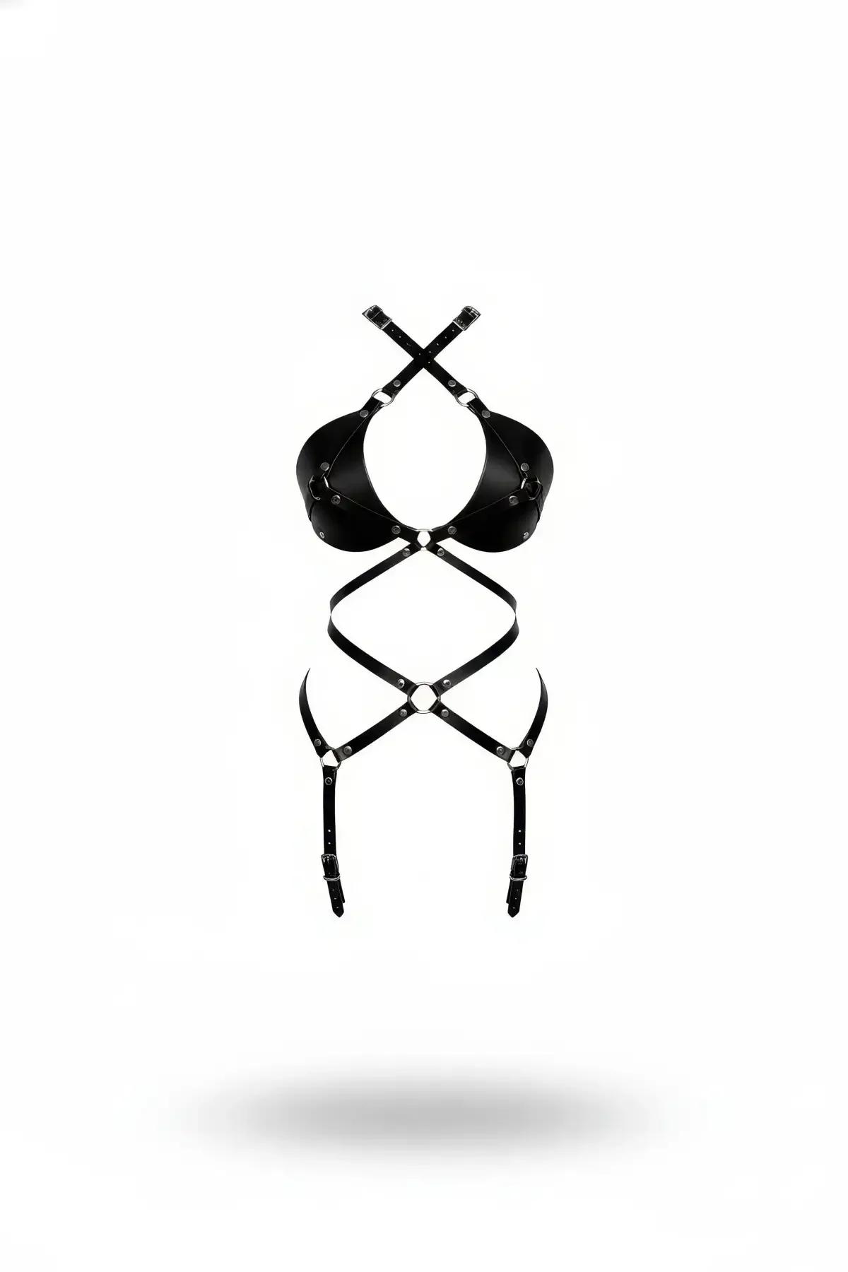 siyah faux leather çapraz bağlamalı body harness jartiyer şeritli gümüş O-ring ve metal tokalı tam vücut set