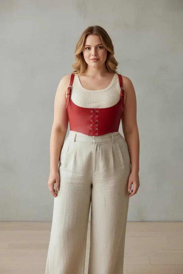 red faux leather underbust corset harness with front eyelet lacing and silver buckle shoulder straps worn over cream top