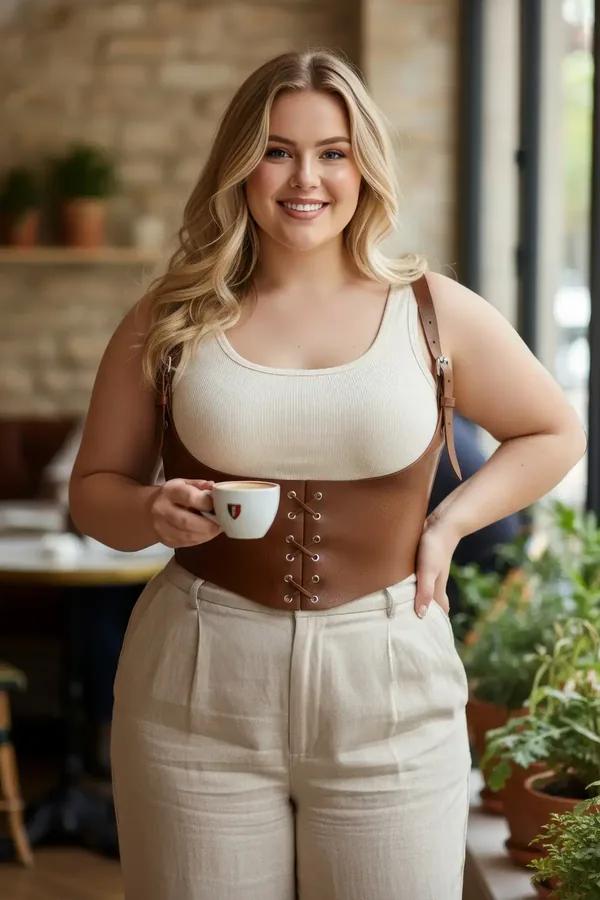 tan faux leather underbust corset harness with lace-up front and wide adjustable shoulder straps worn over white top