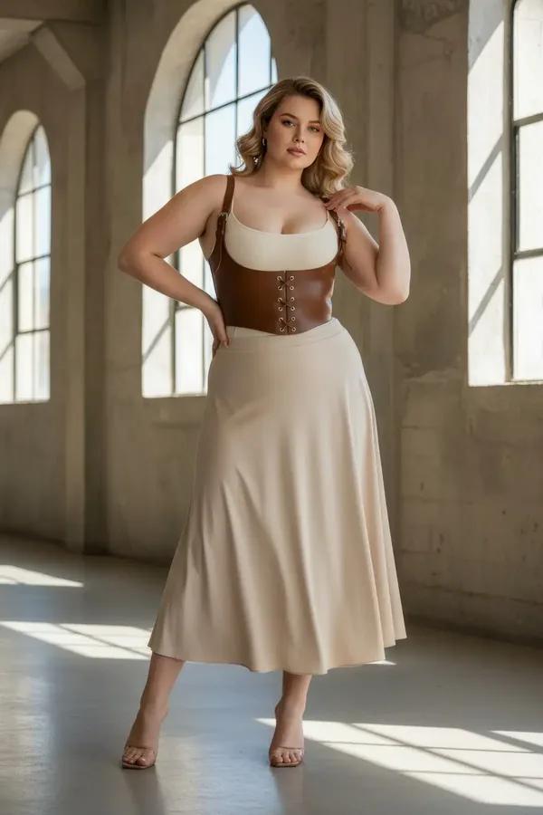 tan faux leather underbust corset harness with lace-up front and wide adjustable shoulder straps worn over white top