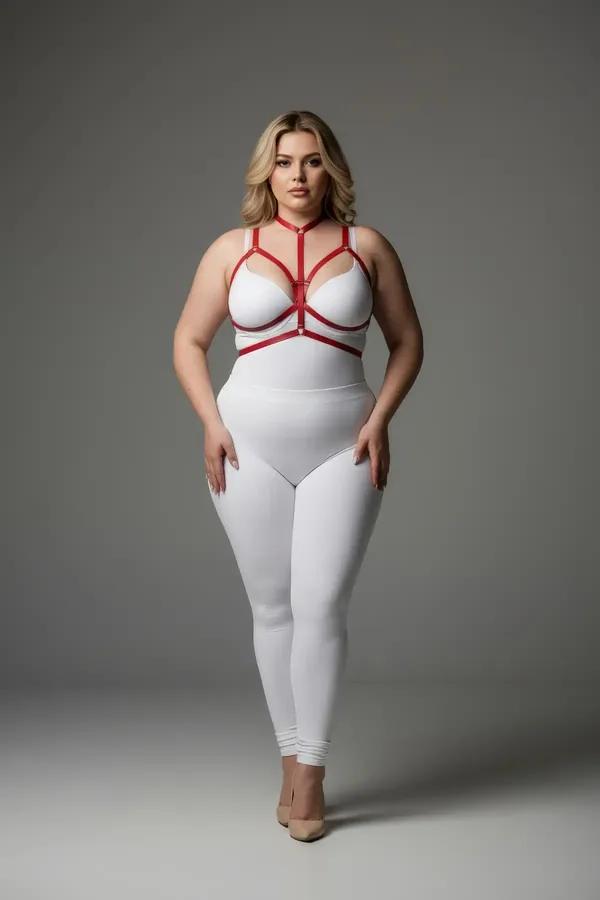 Red vegan leather strappy chest harness with geometric cage straps and silver O-ring on plus-size model