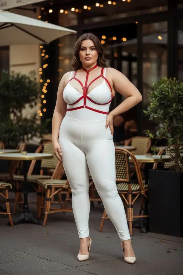 Red vegan leather strappy chest harness with geometric cage straps and silver O-ring on plus-size model