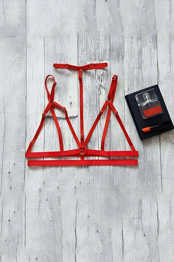 kırmızı lastik harness sütyen altın tokalı çapraz bant tasarımı S-5XL beden