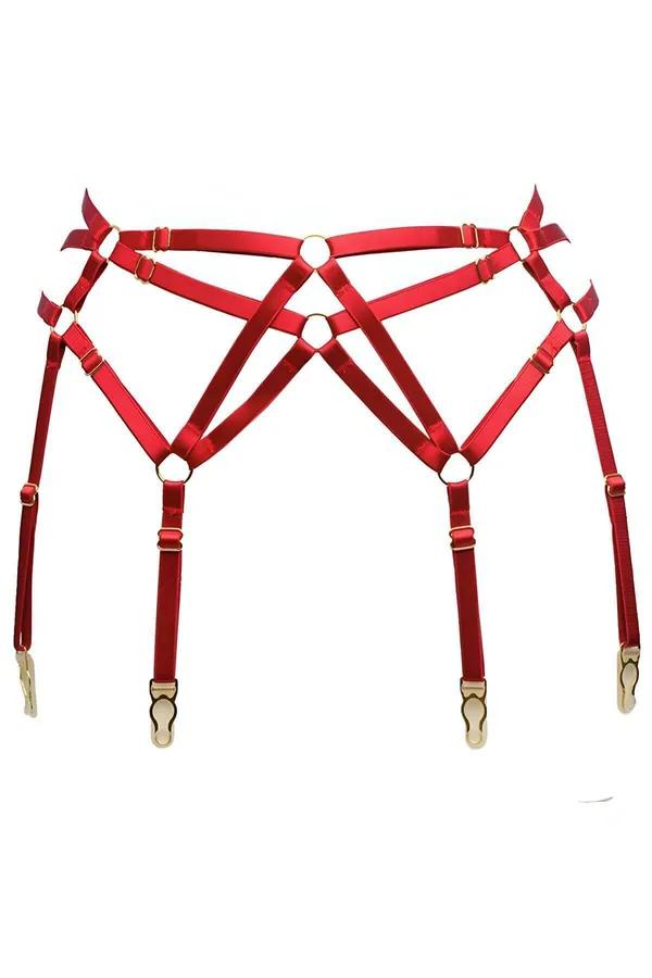 kırmızı lastik harness jartiyer altın halkalı geometrik çapraz bant tasarımı 4 jartiyer tokası