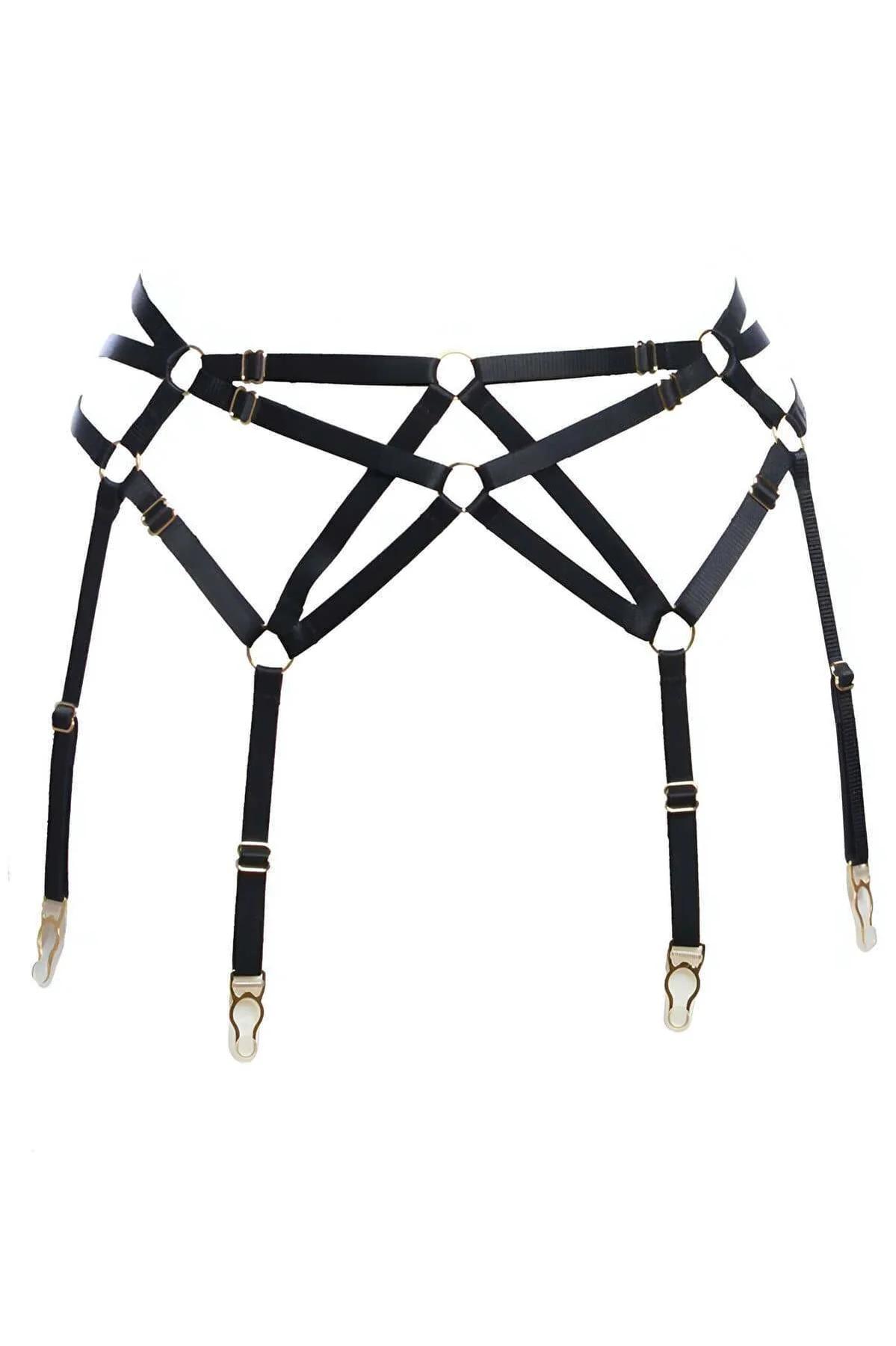 siyah çapraz lastik harness jartiyer altın metal halkalar ve 4 jartiyer klipsi geometrik X desen