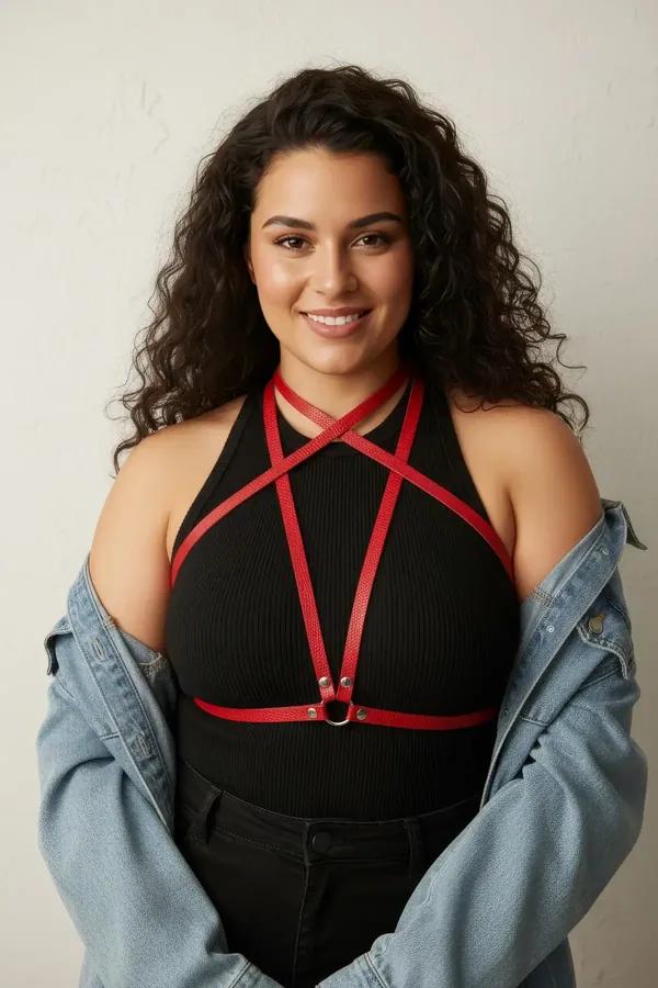 red faux leather overbust harness with waist belt and silver O-ring worn over a black dress
