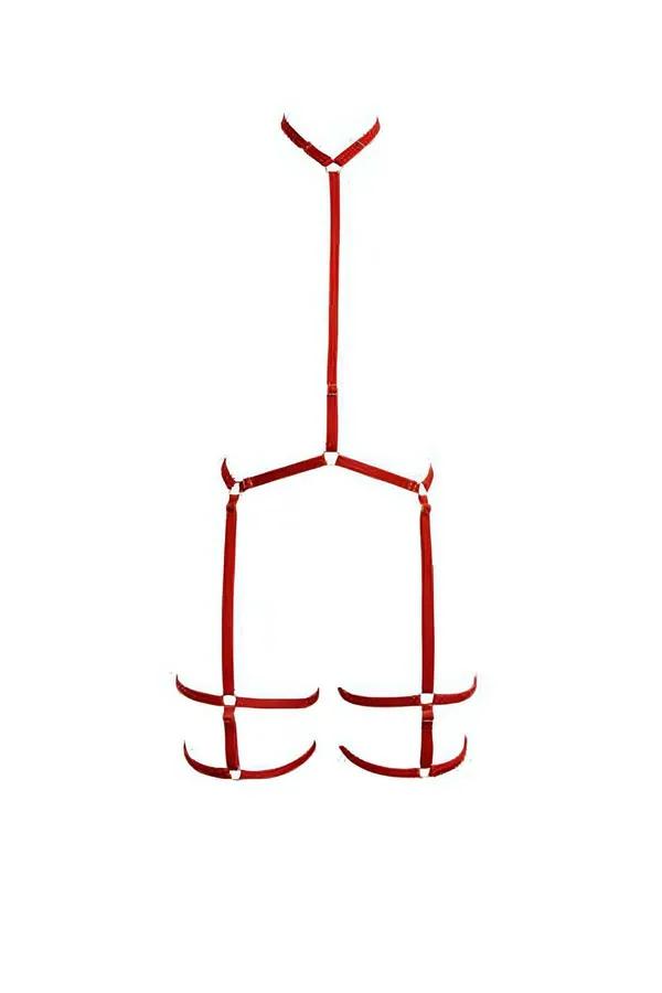 bordo elastik jartiyer harness boyun halkası geometrik göğüs bantları altın halka detay