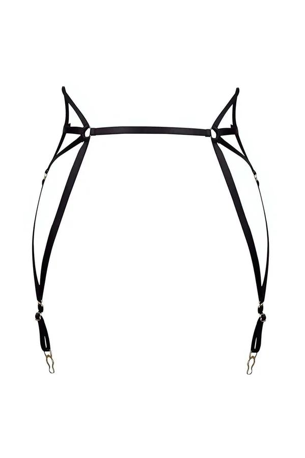 siyah lastik jartiyer harness geometrik çapraz bantlar altın metal çorap klipsleri