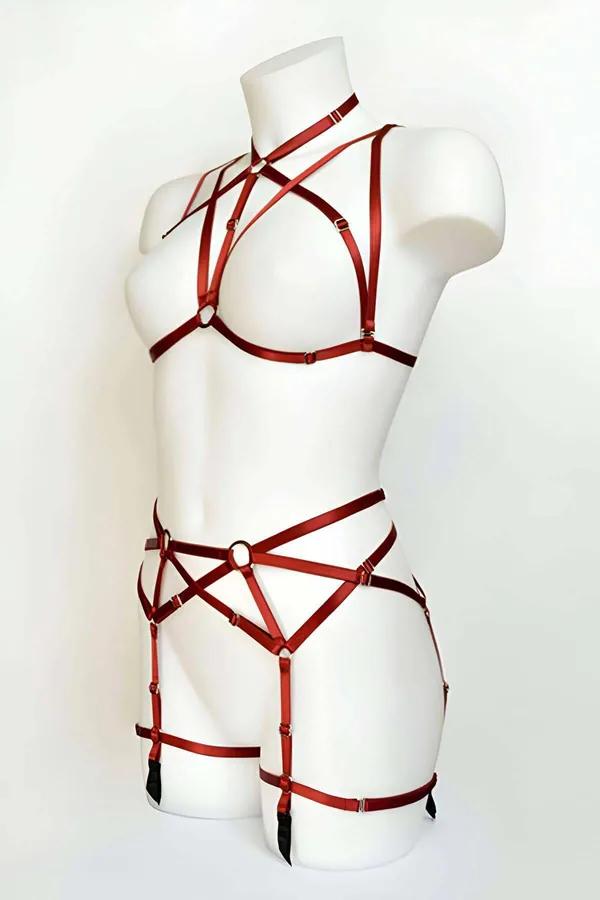kırmızı elastik harness takım boyun askılı kafes bra üst harness ve jartiyer bandı alt harness altın O-ring toka