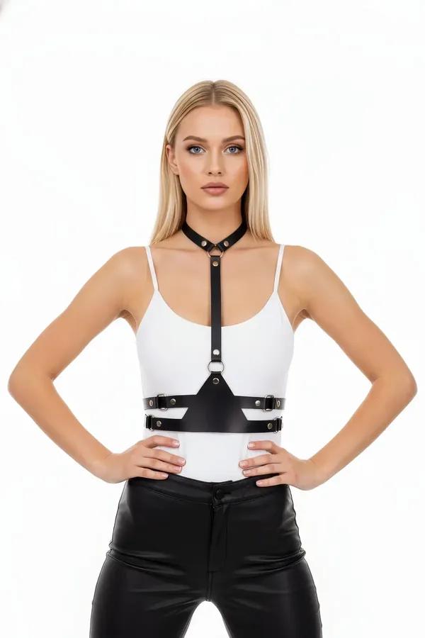 Siyah vegan deri vücut kemeri choker boyun bandı ve çift yatay bel şeridi gümüş perçinli