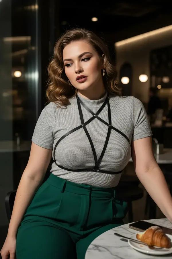black faux leather pentagram chest harness top with five-pointed star strap pattern and silver ring connector worn over white