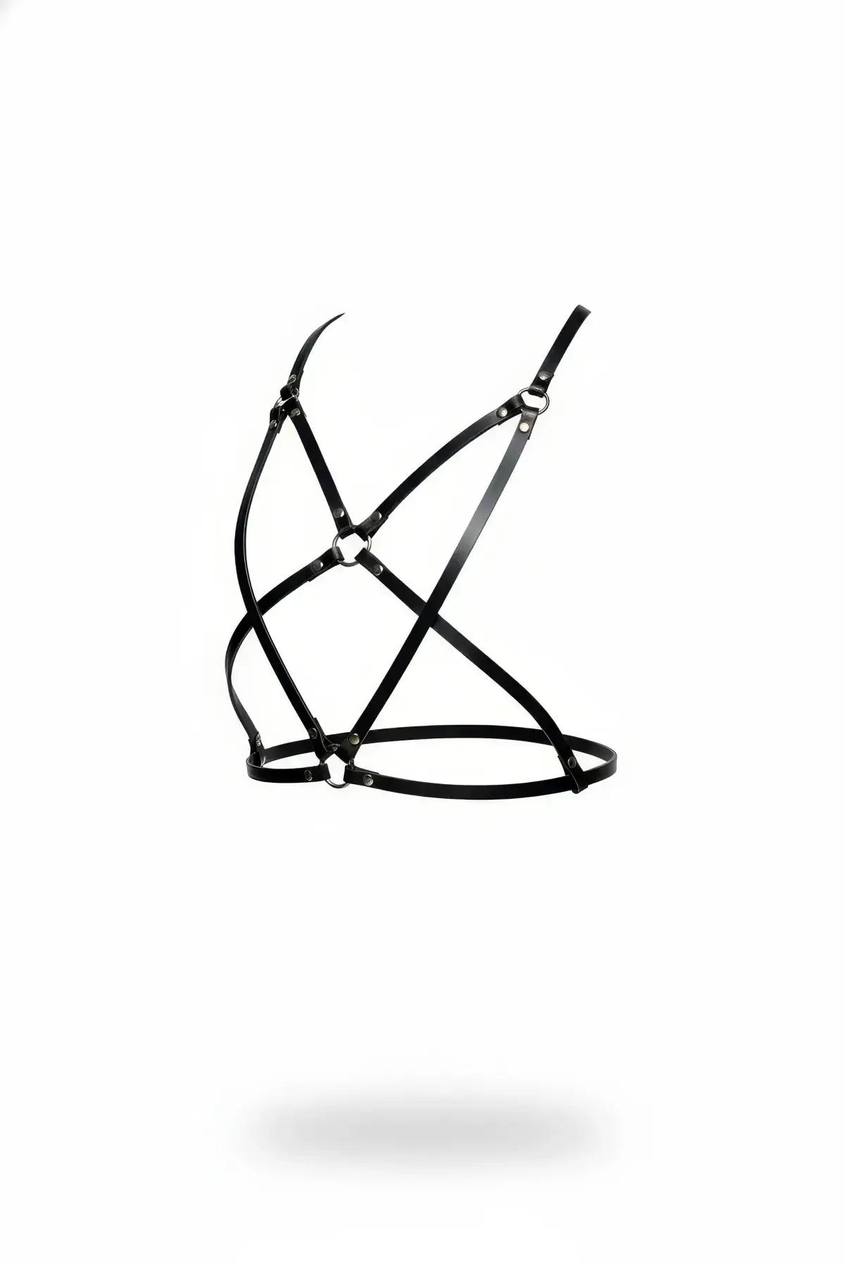 Siyah vegan deri göğüs harness geometrik çapraz X bantlı gümüş O-halka detaylı ayarlanabilir omuz askılı
