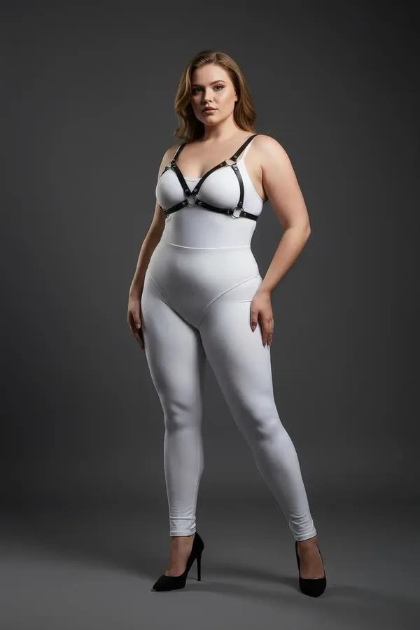 black faux leather o-ring chest harness with slim 1 cm straps and silver center ring worn over white outfit